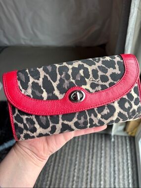 Coach Leopard-Print Canvas Clutch with Red Trim